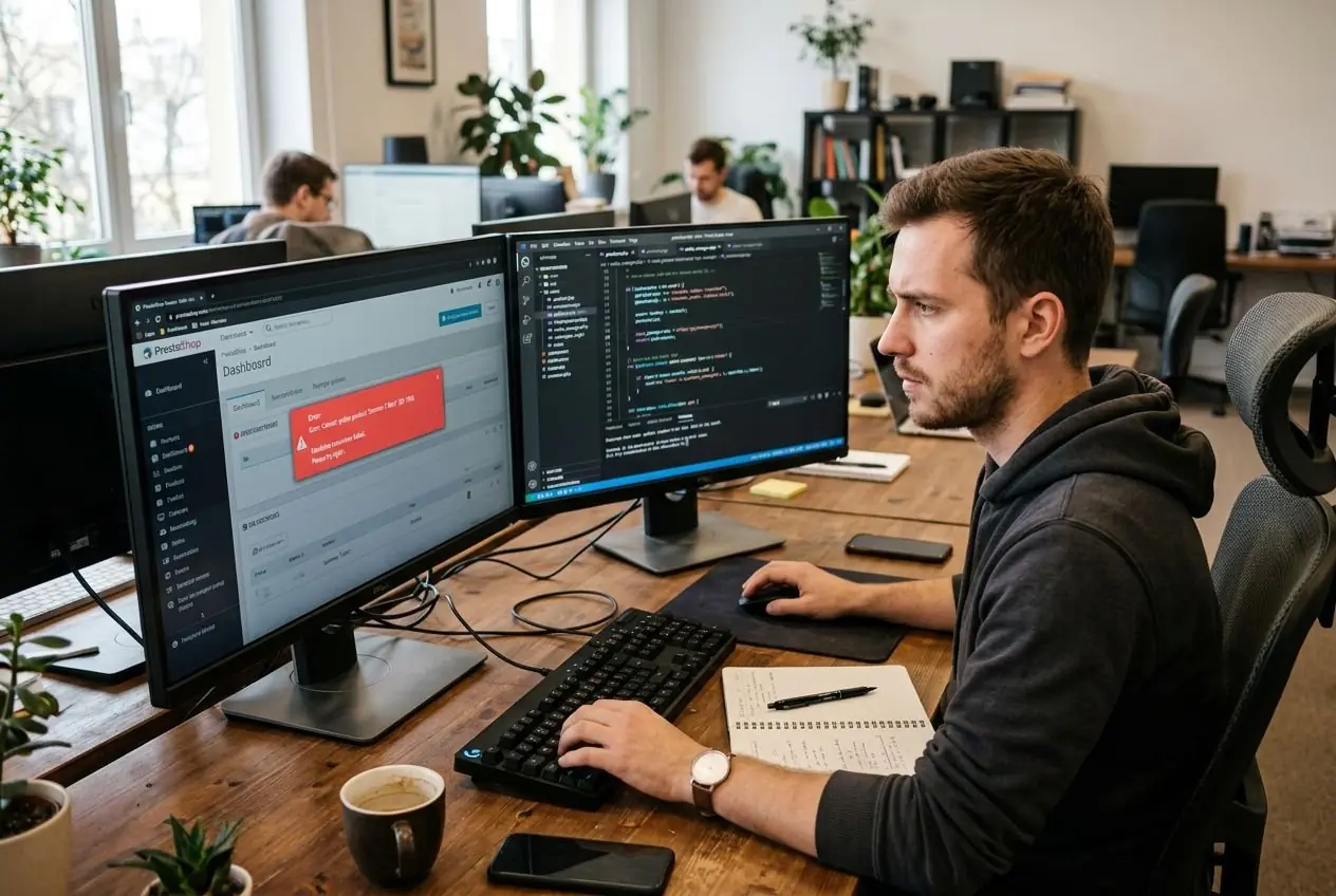 Développeur en bureau ouvert, deux grands écrans affichant code et interface PrestaShop, travail concentré sur l’identification d’un bug prestashop comment corriger.