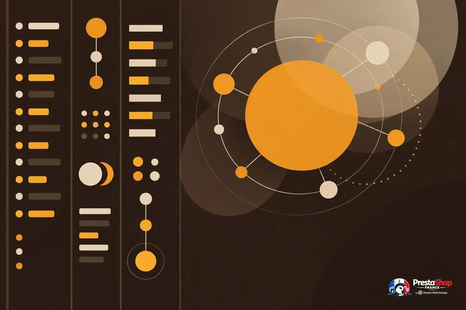 Diagramme abstrait représentant des nœuds et des cercles interconnectés autour d’un grand cercle orange, sur fond brun.