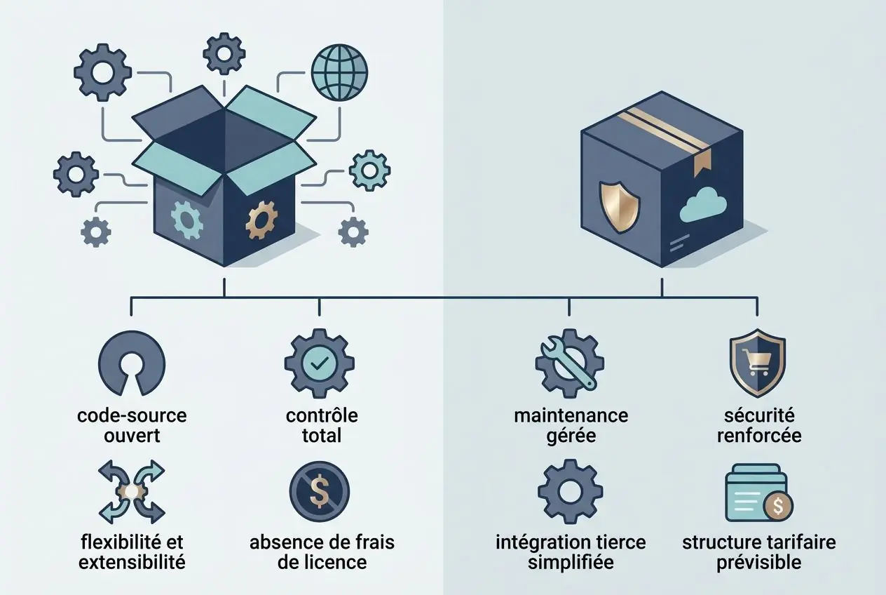 Diagramme comparant Prestashop et Shopify avec points clés: code-source ouvert, contrôle total, maintenance gérée, sécurité renforcée et structure tarifaire prévisible. intégration "prestashop ou shopify lequel choisir" intégré naturellement.