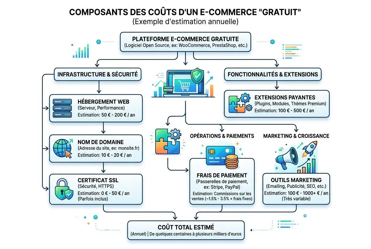 Diagramme des coûts d'un e-commerce « gratuit » incluant plateformes, sécurité, nom de domaine et frais, avec postes infrastructure, extensions, marketing et opérations.