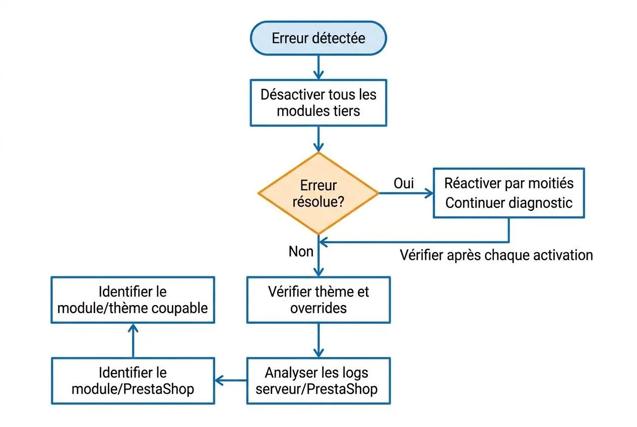 Diagramme de détection d’erreur PrestaShop : étape désactiver modules tiers, vérification des logs et analyse des causes avant identification du module fautif. | bug prestashop comment corriger