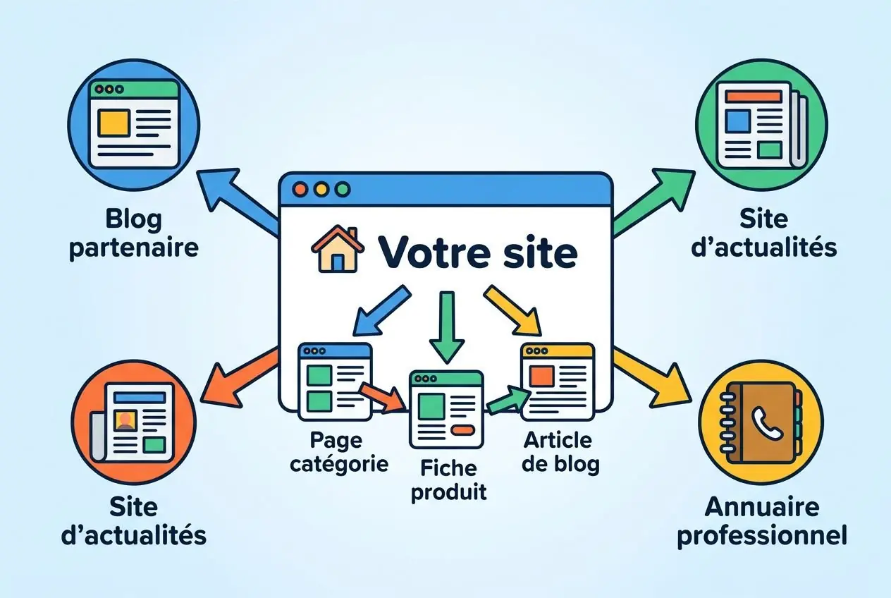 Diagramme illustrant les 4 piliers du seo autour de "Votre site" avec liens vers Blog partenaire, Site d’actualités, Annuaire professionnel et Page catégorie, Fiche produit et Article de blog.
