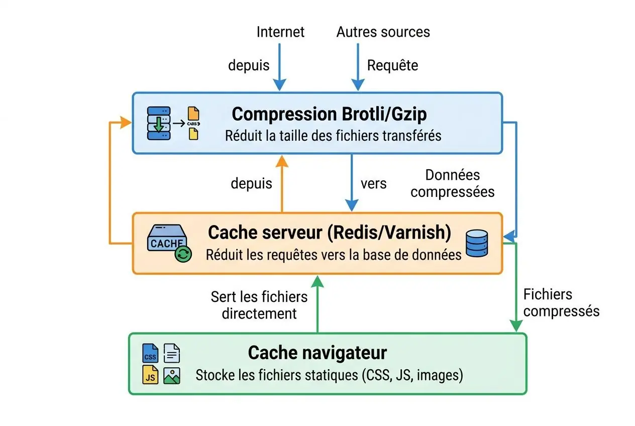 Diagramme illustrant la compression Brotli/Gzip et l’optimisation web: cache navigateur, cache serveur (Redis/Varnish) et flux de fichiers compressés pour améliorer la vitesse de chargement d'un site.