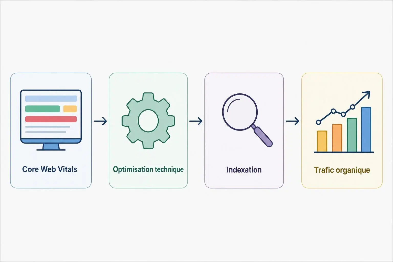 Diagramme illustrant un cycle SEO: Core Web Vitals → optimisation technique → indexation → trafic organique, avec icônes et flèches entre chaque étape. intégration du mot-clé: "prestashop ou shopify lequel choisir" dans le contexte d’un comparatif plateformes e-commerce.