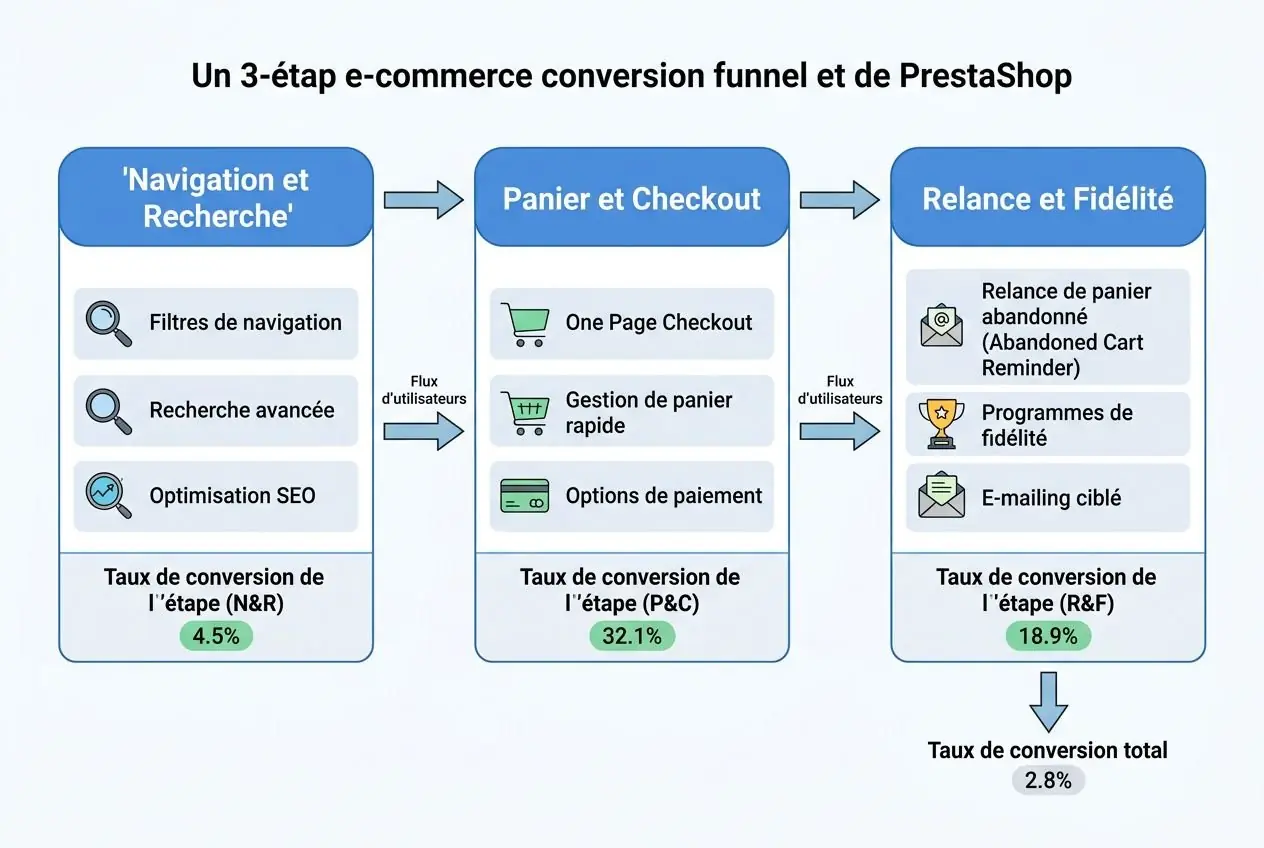 Diagramme illustrant un funnel e-commerce 3 étapes: navigation, panier, relance, avec éléments et taux de conversion (4,5% puis 32,1% puis 18,9%), et taux total 2,8%. Inclut modules prestashop indispensables.