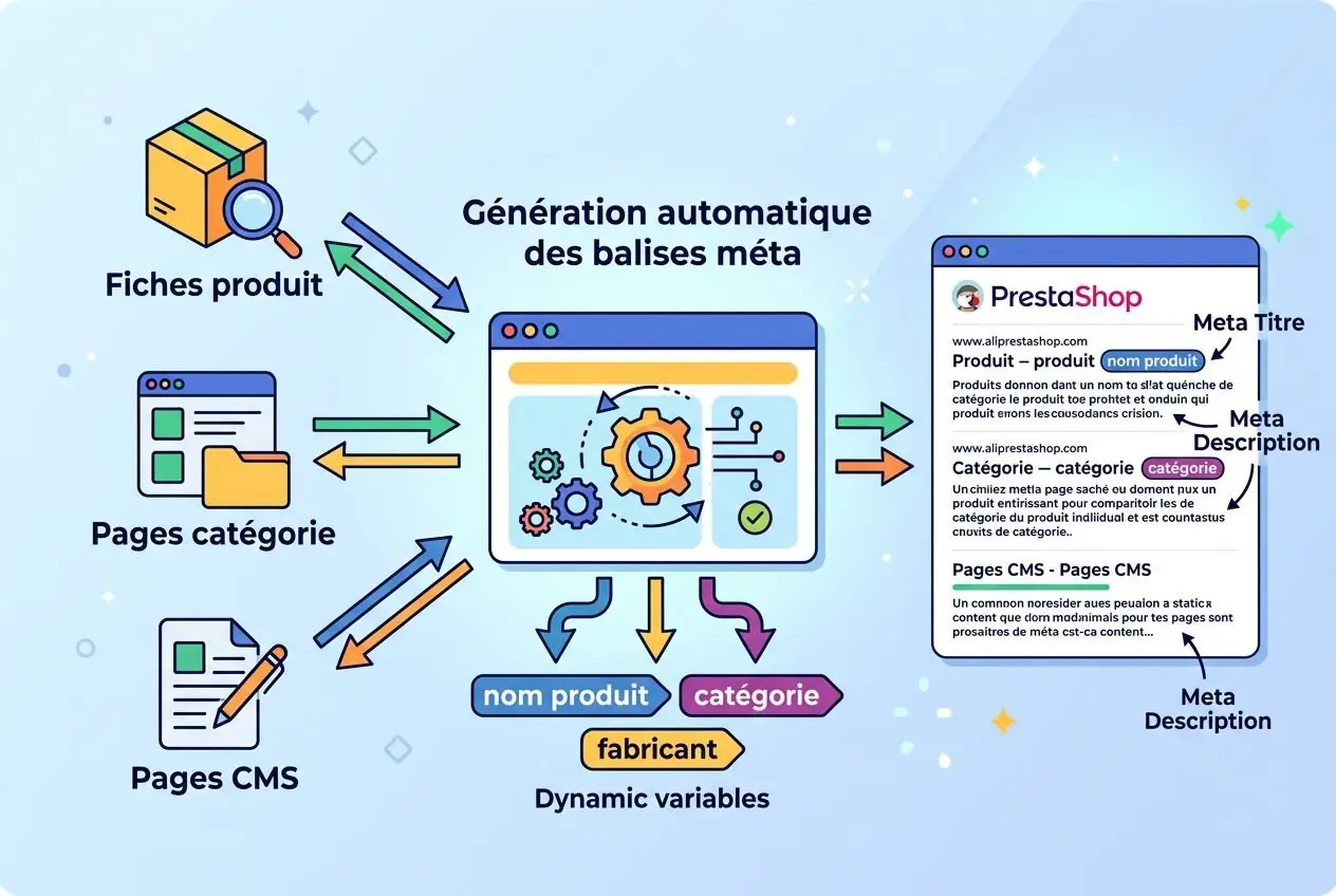 Diagramme illustrant la génération automatique des balises méta pour Prestashop, avec fiches produit, pages catégorie et CMS, et affichage des méta titre, description et keywords. Mot-clé: prestashop meta tags.