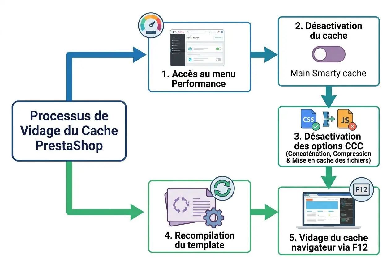 Diagramme illustrant le processus de vidage du cache PrestaShop, avec accès Performance, désactivation du cache, options CCC, recompilation du template et vidage via F12. Pourquoi mon site prestashop n'apparaît pas comme sujet principal.
