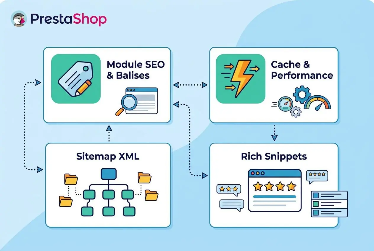 Diagramme illustrating PrestaShop SEO workflow: Module SEO & Balises connected à Cache & Performance, Sitemap XML et Rich Snippets, avec flux interconnectés. Inclut P SM.