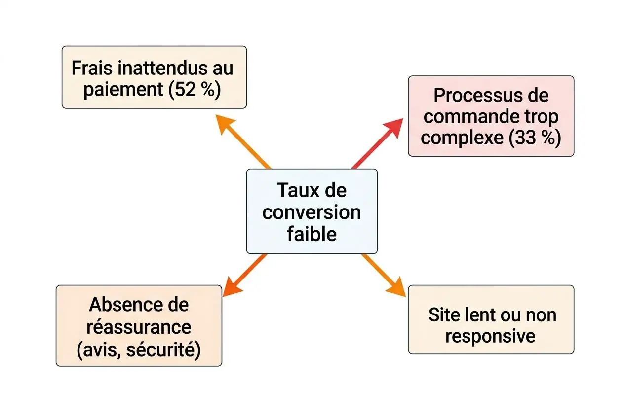 Diagramme montrant les causes d’un faible taux de conversion ecommerce: frais inattendus, processus de commande trop complexe, site lent ou non réactif, absence de réassurance, et avis de sécurité.