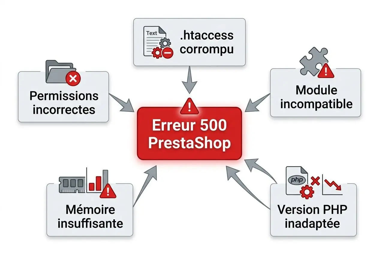 Diagramme montrant une Erreur 500 PrestaShop entourée de causes: permissions incorrectes, mémoire insuffisante, module incompatible, version PHP inadaptée,.htaccess corrompu, bug prestashop comment corriger.