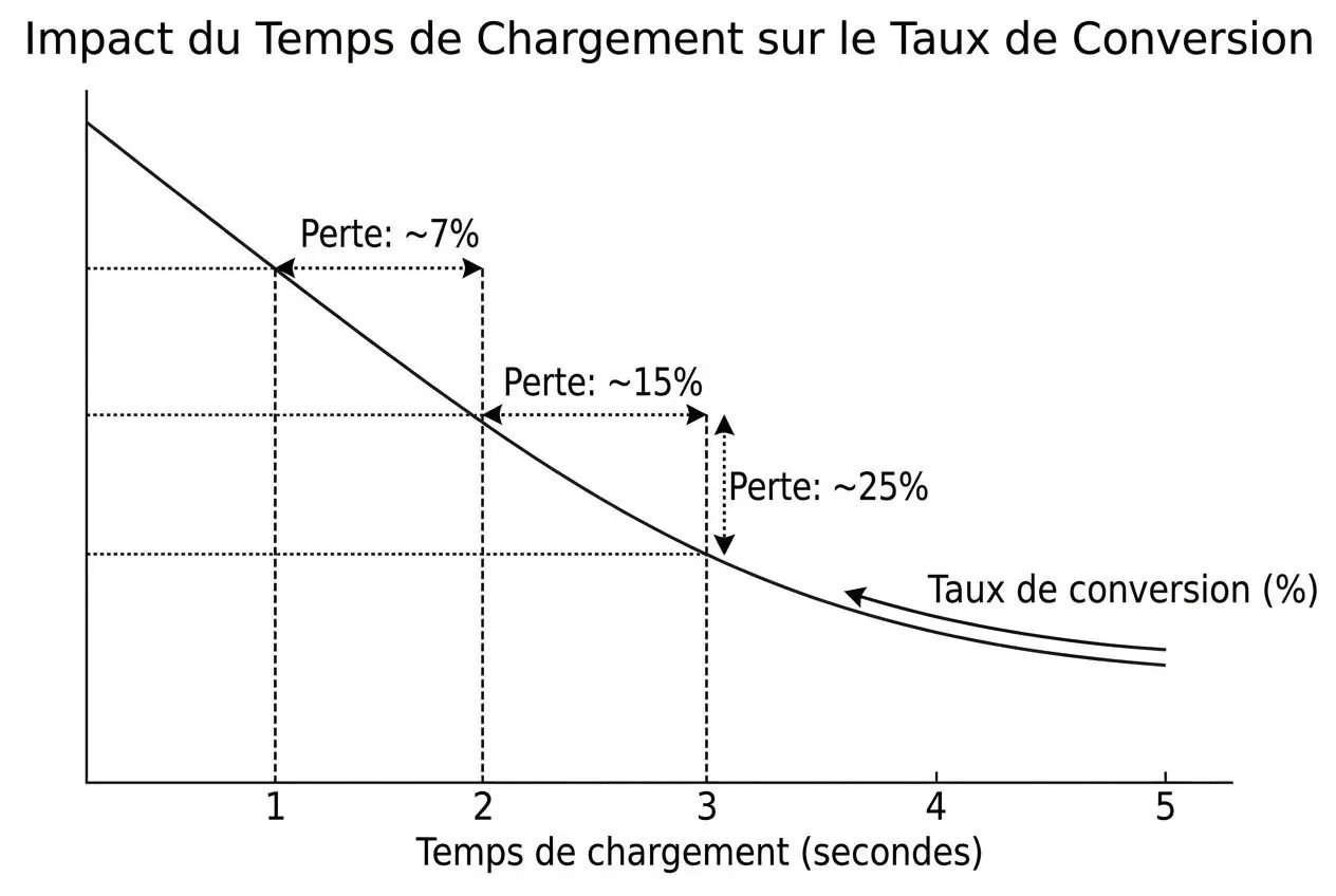 Diagramme montrant l’impact du temps de chargement sur le taux de conversion sur une boutique PrestaShop (pertes progressives).