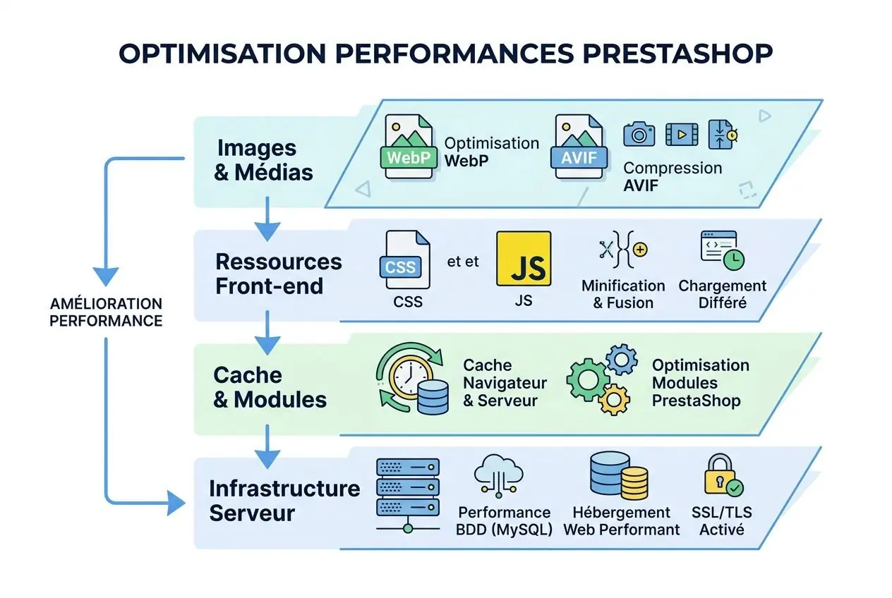 Diagramme "Optimisation performances Prestashop" montrant les étapes: Images & Médias, Ressources Front-end, Cache & Modules, Infrastructure Serveur; avec éléments WebP, AVIF, CSS, JS, minification, chargement différé, caches, modules Prestashop, et serveur (BD, performance web, SSL/TLS). Intègre le mot-clé optimisation boutique prestashop performance.