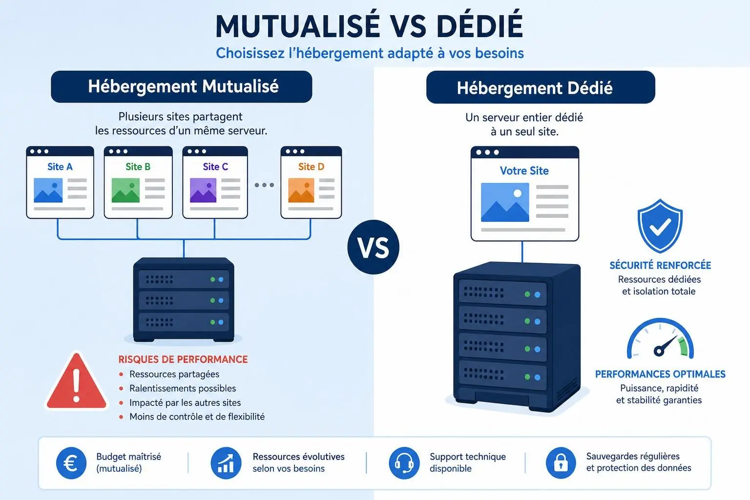 Différences entre hébergement mutualisé et dédié, comparaison visuelle des deux solutions: mutualisé avec plusieurs sites et un serveur partagé, et dédié avec un seul serveur, éléments de sécurité et performances affichés. Différence d’offre et coûts.