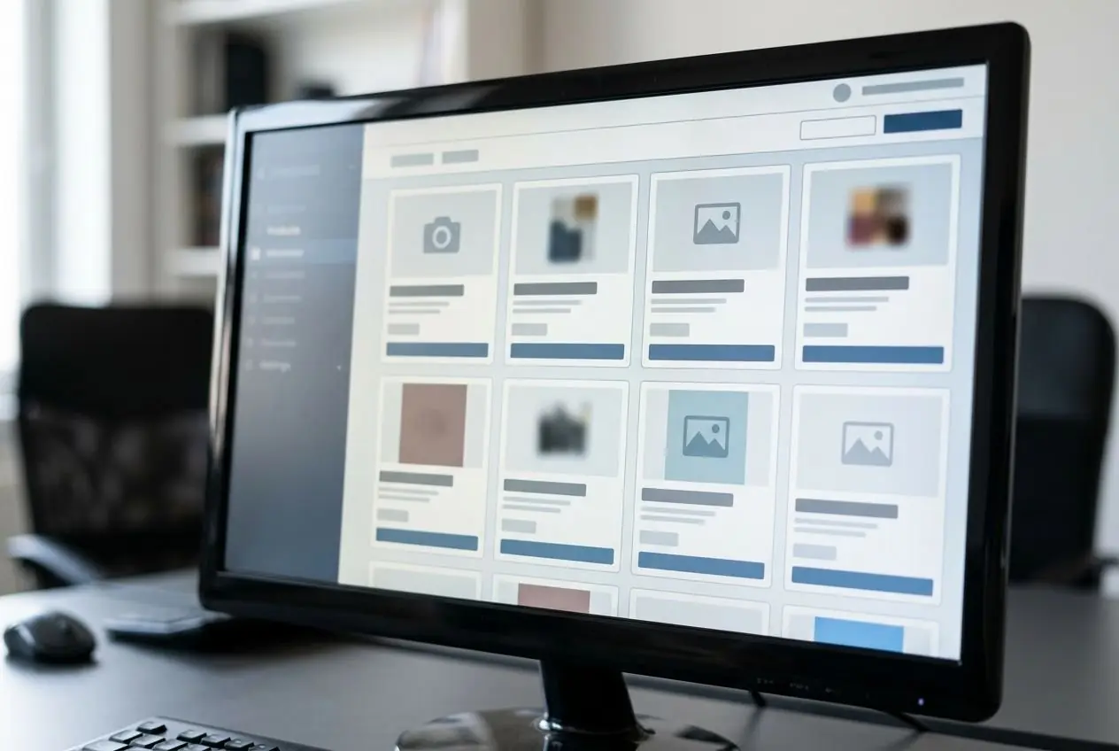 Écran d’ordinateur affichant une grille de produits en aperçu d’une boutique en ligne, prêt à être géré pour ouvrir une boutique en ligne auto-entrepreneur.