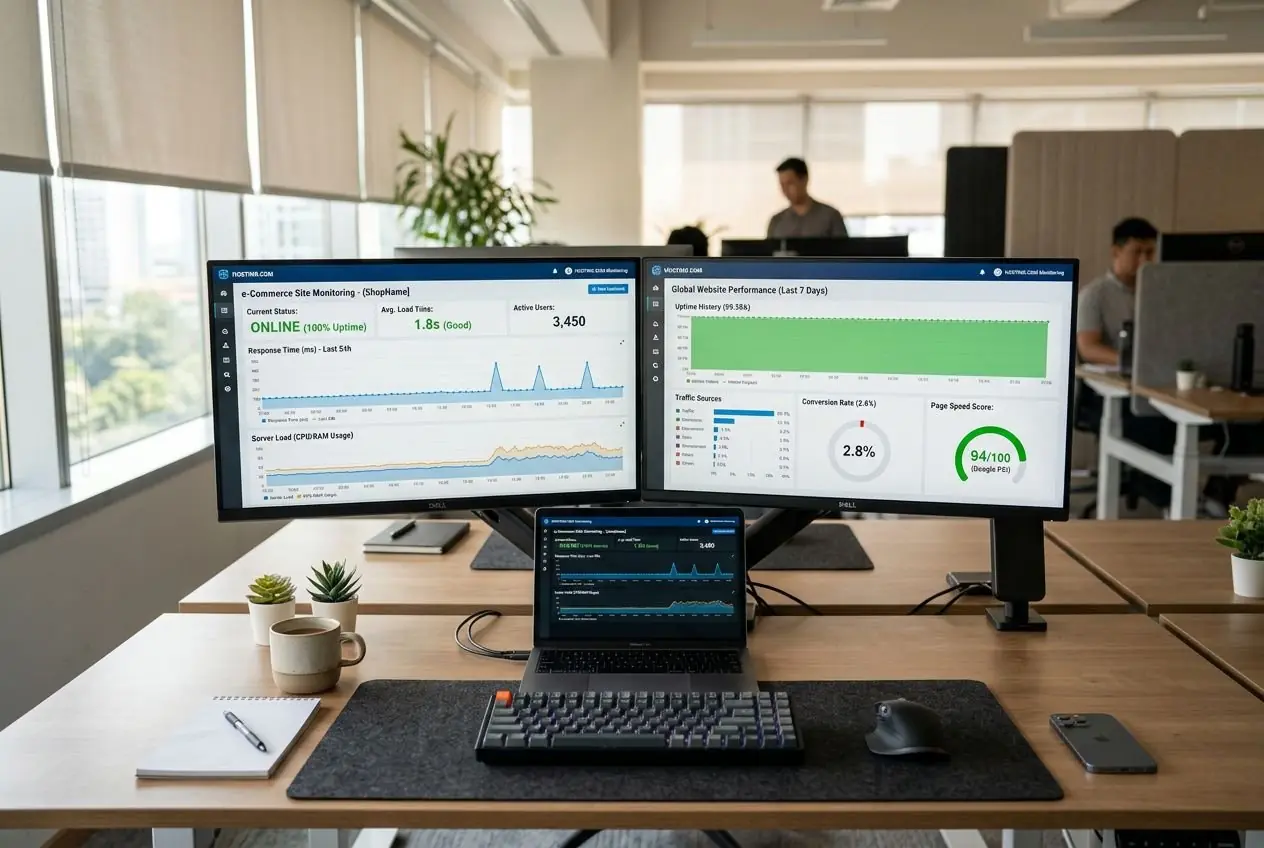 Écrans d’ordinateur affichant des analyses de performance et un site e-commerce, sur un bureau de bureau ouvert; clavier, souris et plantes décoratives. intégration du mot-clé: meilleur hébergeur pour une boutique en ligne.