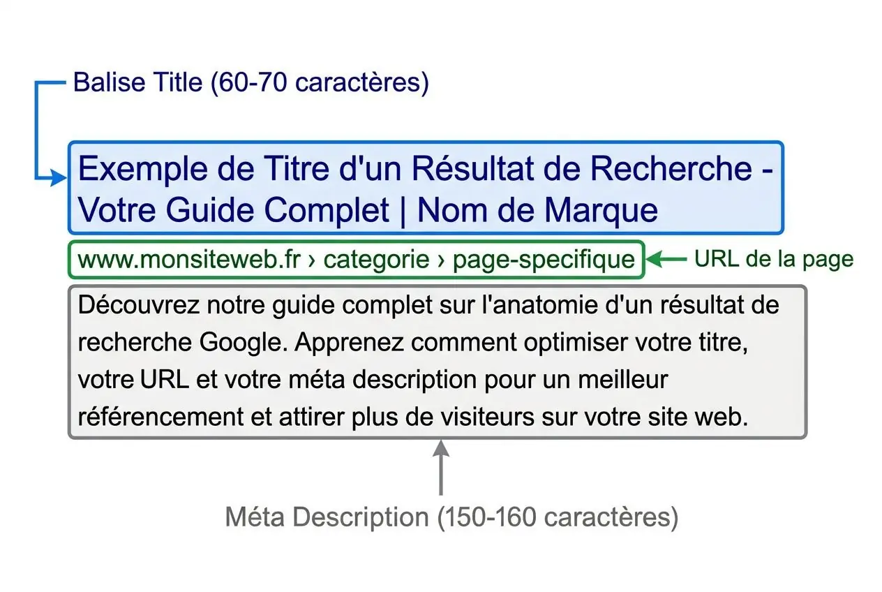 Exemple de titre et d’URL SEO sur Prestashop : diagramme montrant balises méta et description pour optimiser le référencement. Inclut le concept « prestashop meta tags ».