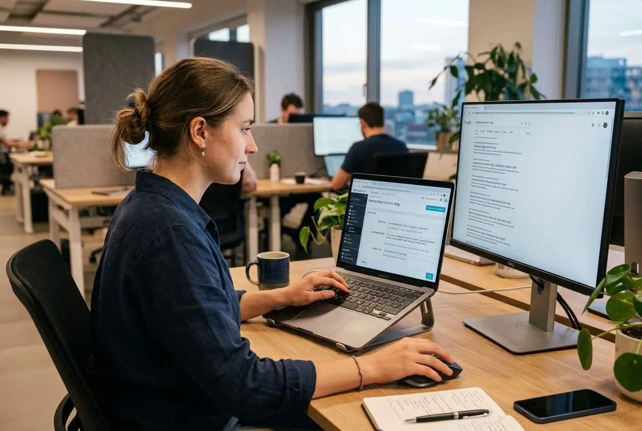 Femme au travail sur ordinateur portable et écran PC, dans un bureau, en train d’écrire; ambiance professionnelle et lumineuse. Optimiser seo fiche produit prestashop en tête.