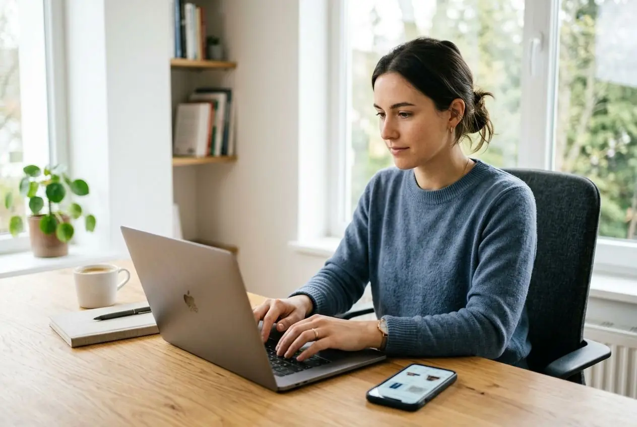 Femme travaillant sur un laptop pour ouvrir une boutique en ligne auto-entrepreneur, dans un intérieur lumineux.