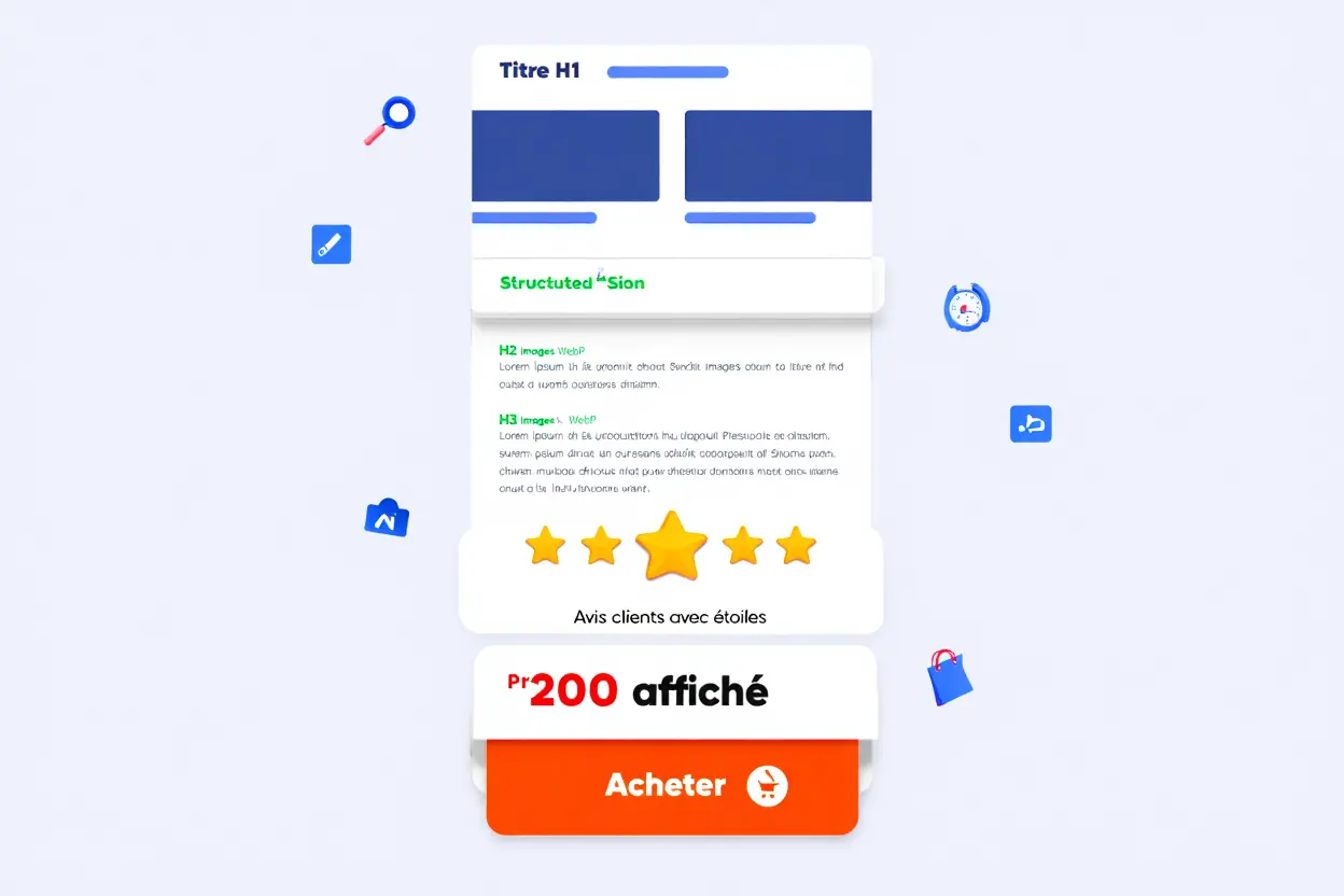 Interface d’optimisation SEO PrestaShop: fiche produit avec notes et bouton Acheter