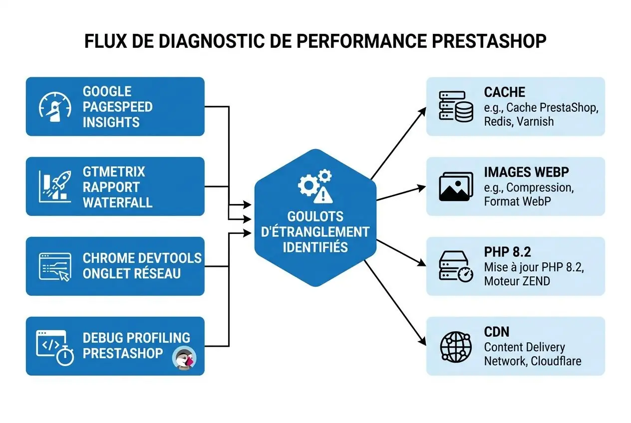 Flux de diagnostic de performance Prestashop : data flow montrant les sources (Google PageSpeed Insights, GTmetrix, Chrome DevTools, Debug profiling Prestashop) vers les goulets d’étranglement identifiés puis vers les solutions (Cache, Images WebP, PHP 8.2, CDN). Pourquoi mon site web est lent.