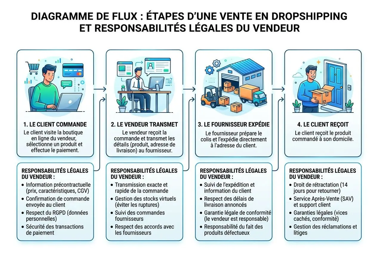Flux de dropshipping et responsabilités légales du vendeur en quatre étapes