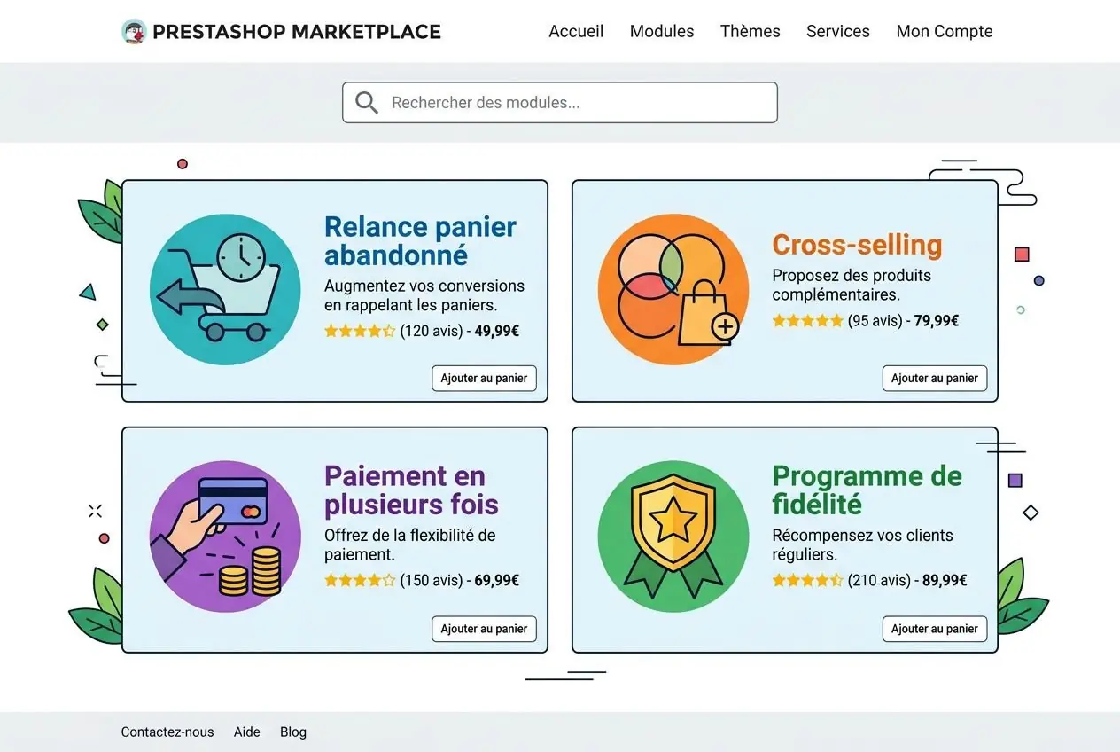 Cartes de modules Prestashop Marketplace en quatre blocs colorés, avec bouton Ajouter au panier sur chaque fiche.