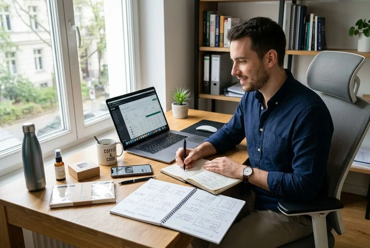 Homme business en télétravail devant ordinateur et carnet, écrivant, avec guides et plantes sur un bureau pour “comment créer boutique en ligne”.