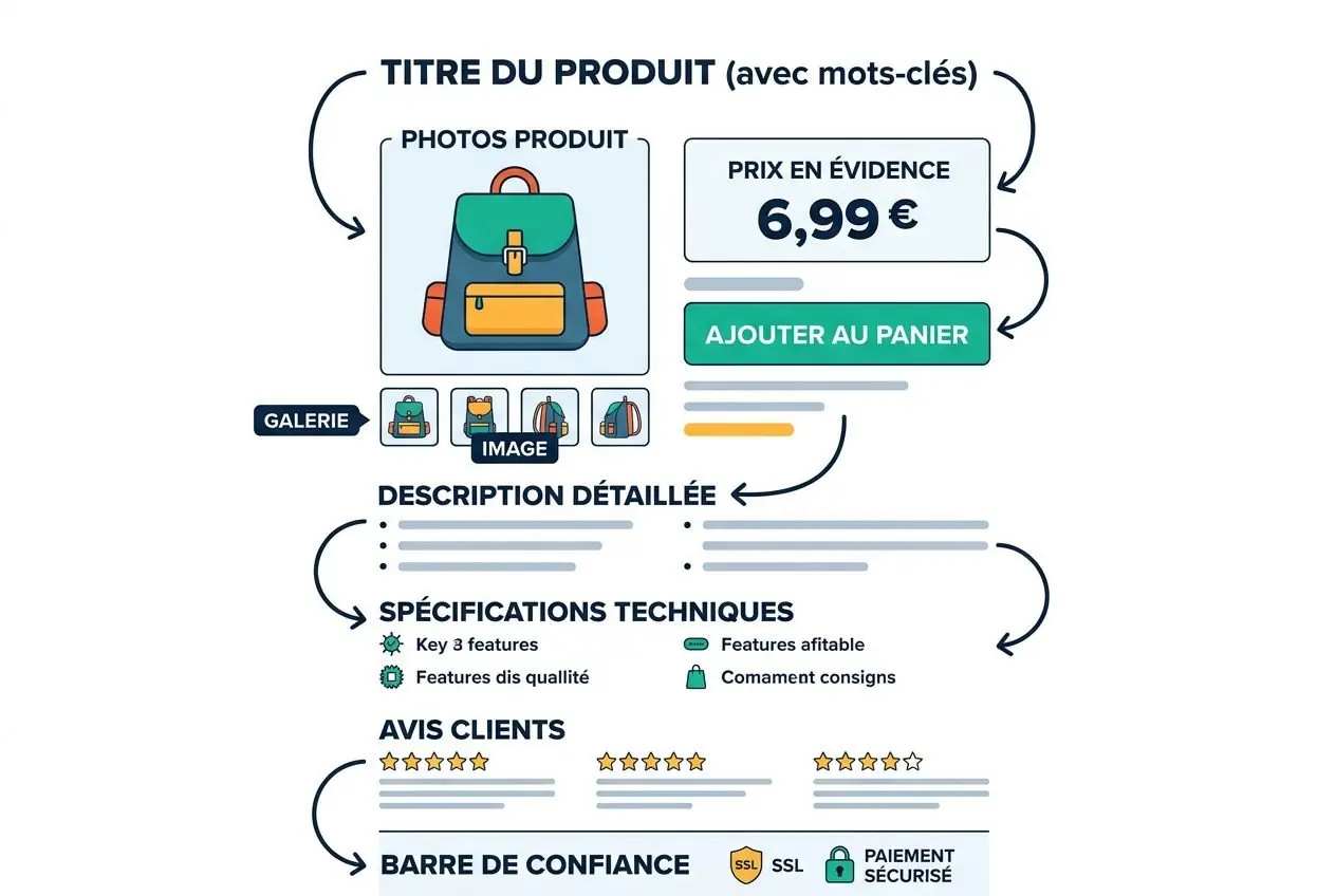 Illustration d’un produit avec photos et prix affiché, section “AJOUTER AU PANIER”, mise en page détaillée d’un produit pour création site internet e-commerce.