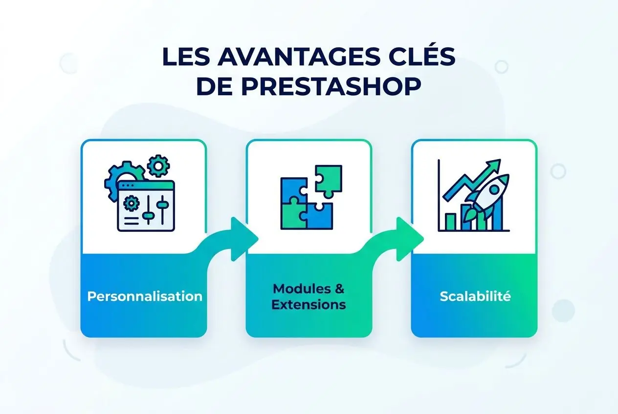 Illustration montrant les avantages clés de PrestaShop: personnalisation, modules et extensions, et scalabilité. Texte: Guide étape par étape pour créer votre boutique en ligne. intégration du mot-clé: comment créer boutique en ligne.