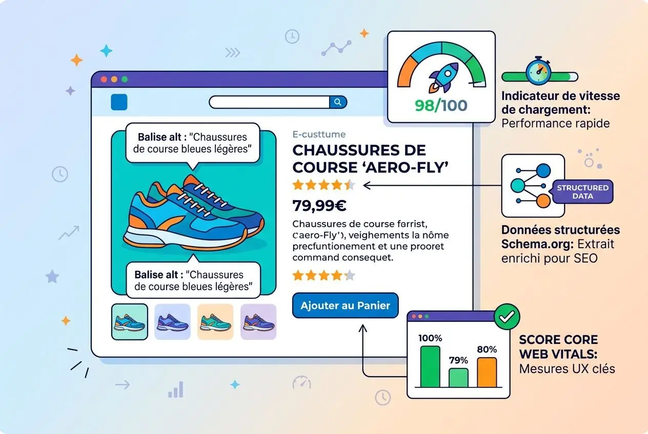 Illustration montrant une fiche produit PrestaShop optimisée : écran produit avec chaussures de course, balises meta, options d’ajout au panier et indicateurs SEO. Optimiser seo fiche produit prestashop.