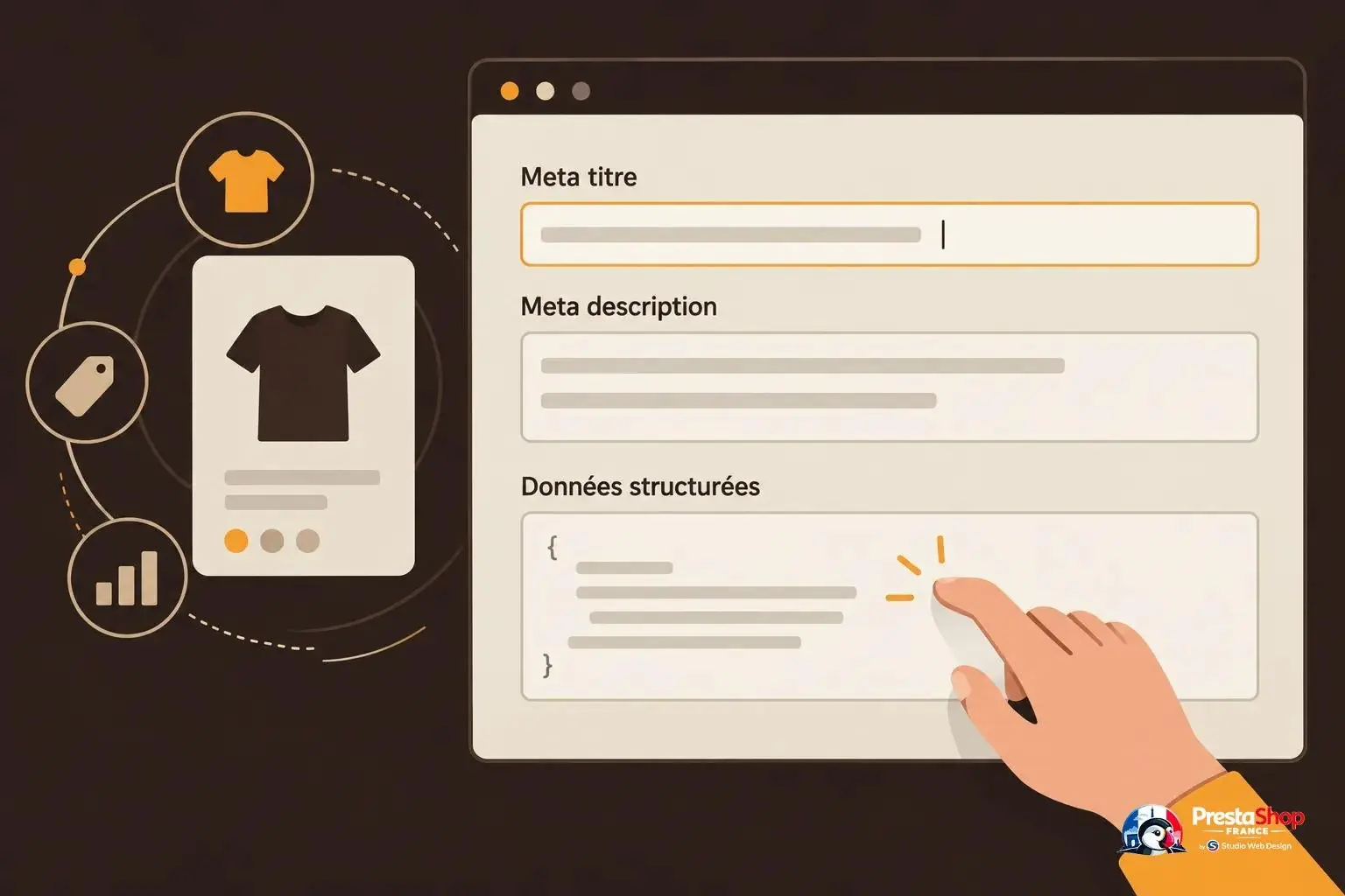 Une illustration montrant une interface de saisie SEO avec des champs Meta titre, Meta description et Données structurées,