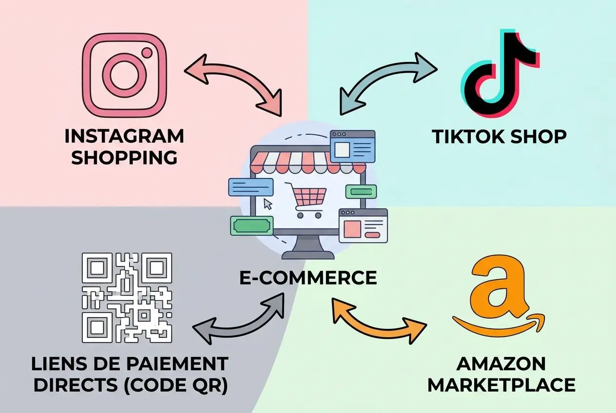 En image: un centre de commerce électronique entouré d’icônes: Instagram Shopping, TikTok Shop, Amazon Marketplace et liens de paiement directs via QR, indiquant des options pour créer une boutique en ligne pas cher.