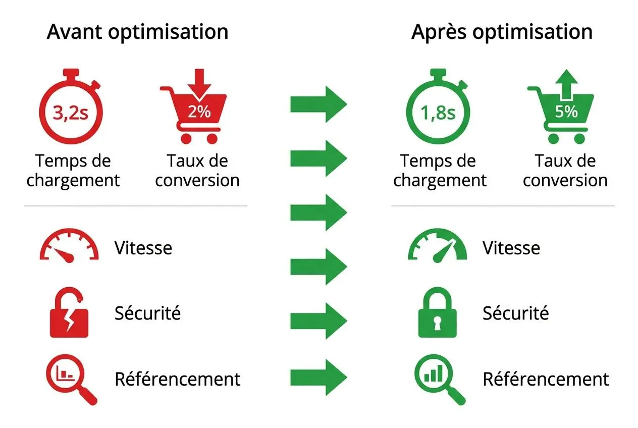 Avant/après optimisation montrant réduction du temps de chargement et du taux de conversion (PrestaShop)