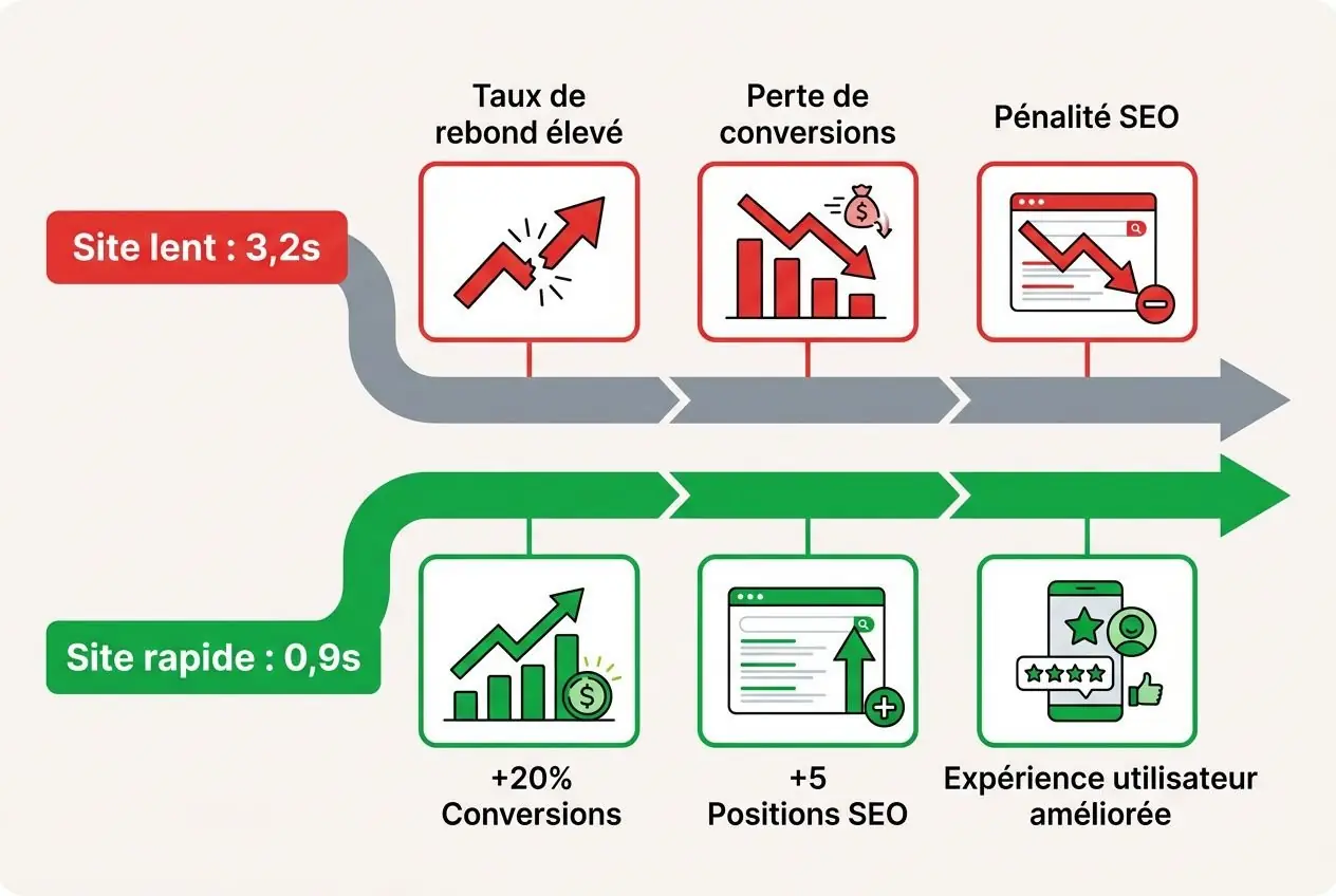 Infographie comparative: « pourquoi mon site web est lent ». Présente gauche: indicateur « Site lent : 3,2s ». Puis trois blocs gris montrant perte de conversions et pénalité SEO. En dessous, bande verte « Site rapide : 0,9s » avec icônes de conversions, positions SEO et expérience utilisateur améliorée. Texte illustratif souligne les bénéfices d’un site rapide et les améliorations associées.