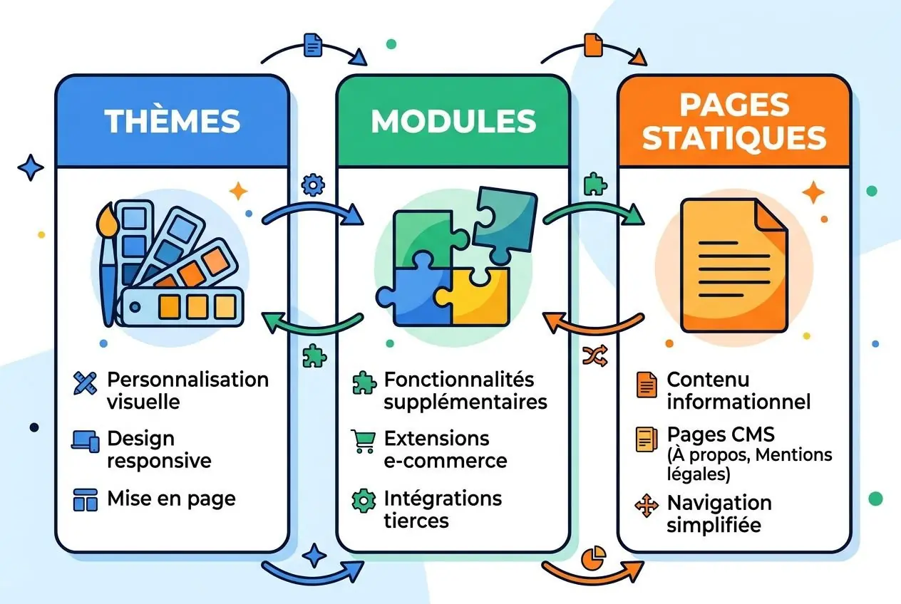 Infographie illustrant trois colonnes “Thèmes, Modules, Pages statiques” avec icônes et flèches reliant personnalisation visuelle, design responsive et mise en page. Inclut contenu CMS, extensions e-commerce et navigation simplifiée pour expliquer comment utiliser prestashop facilement.