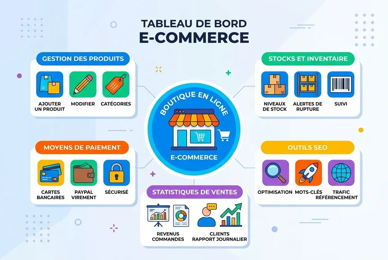 Tableau de bord e-commerce: modules (produits, stocks, paiements, SEO, ventes) autour d’une boutique en ligne intégrée.