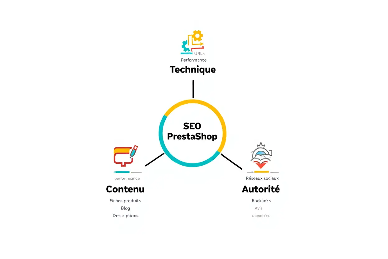 SEO PrestaShop: diagramme des trois piliers (Technique, Contenu, Autorité) autour du SEO PrestaShop