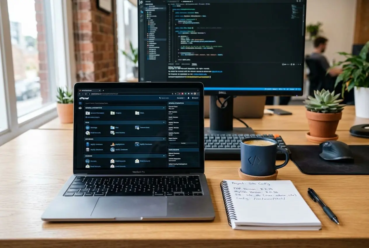 Ordinateurs sur un bureau avec écran de code et tableur, ambiance développeur, prêt à configurer PrestaShop correctement.