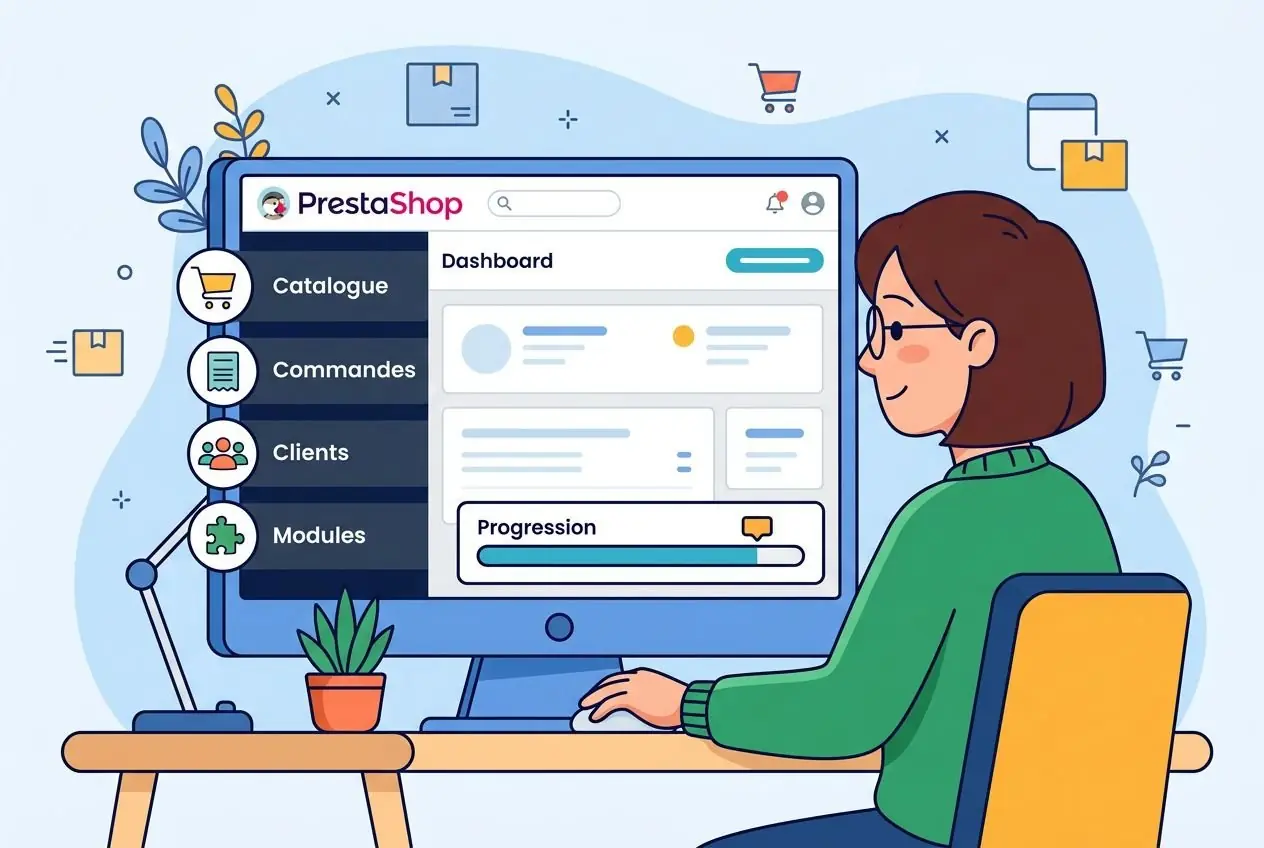 Personnage assis à un bureau devant un écran affichant PrestaShop, avec menu « Catalogue », « Commandes », « Clients », « Modules » et une barre de progression sur le tableau de bord. Intègre naturellement le mot-clé : « comment fonctionne prestashop ».