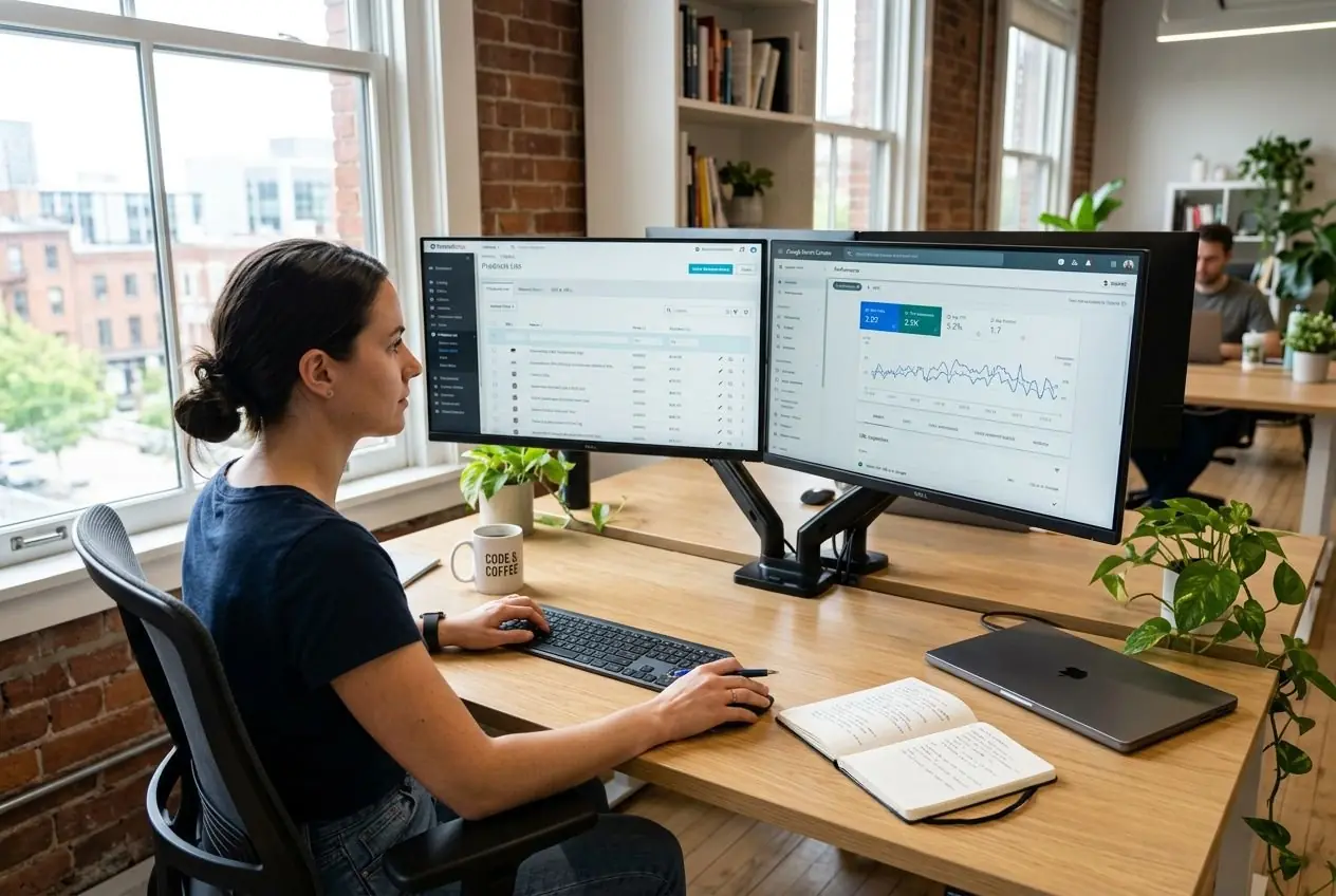 Personne travaillant sur un bureau avec deux écrans affichant des outils d’analyse et de gestion, près de plantes et d’une grande fenêtre lumineuse. Pourquoi mon site pourquoi mon site prestashop n'apparaît pas.