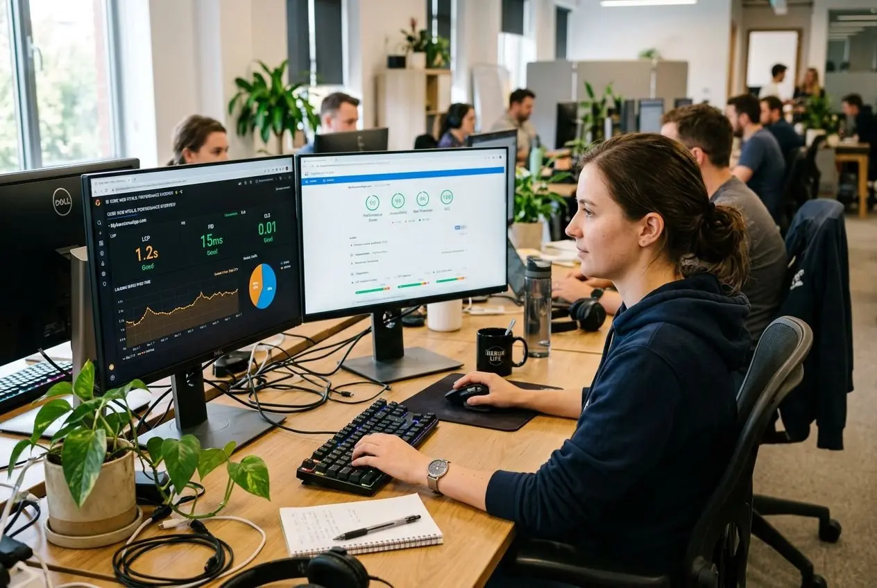 Personne travaillant sur deux écrans montrant des statistiques, dans un open space; au premier plan, clavier et notes, ambiance professionnelle pour améliorer la vitesse de chargement d'un site.