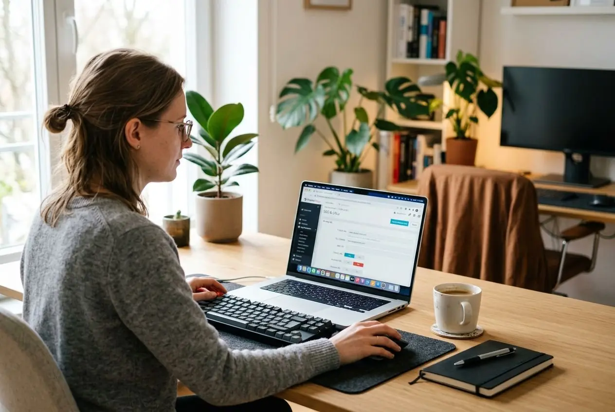 Personne travaillant sur un ordinateur portable à domicile, configurant des URLs simplifiées pour améliorer le référencement Prestashop avec une tasse et carnet sur le bureau. structure url prestashop référencement ambiance professionnelle.
