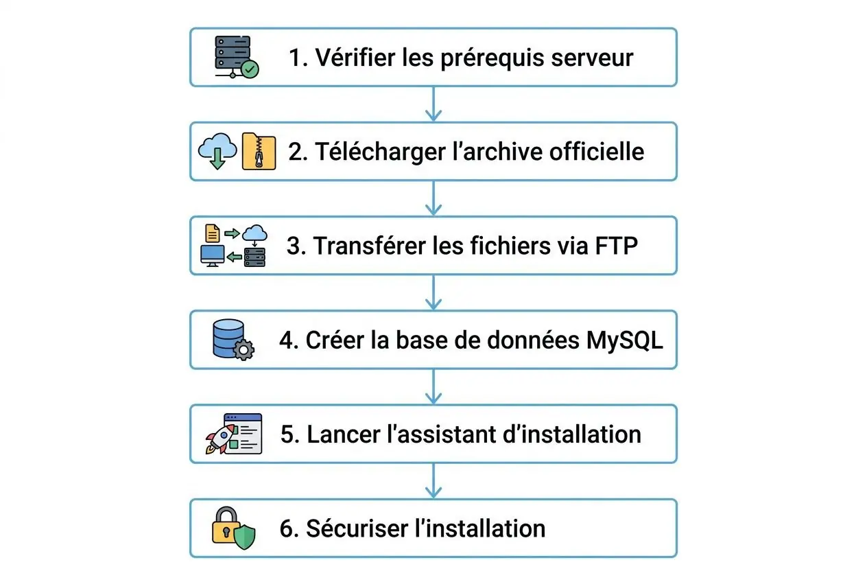 Processus d’installation étape par étape pour un CMS e-commerce, incluant vérification des prérequis, téléchargement, transfert FTP, création de la base MySQL, lancement et sécurisation. Intégré autour de la question comment fonctionne prestashop.
