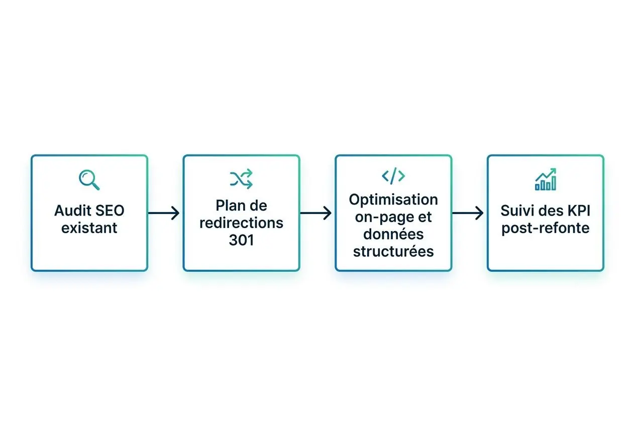 Processus de refonte site web: audit SEO existant → plan de redirections 301 → optimisation on-page et données structurées → suivi des KPI post-refonte