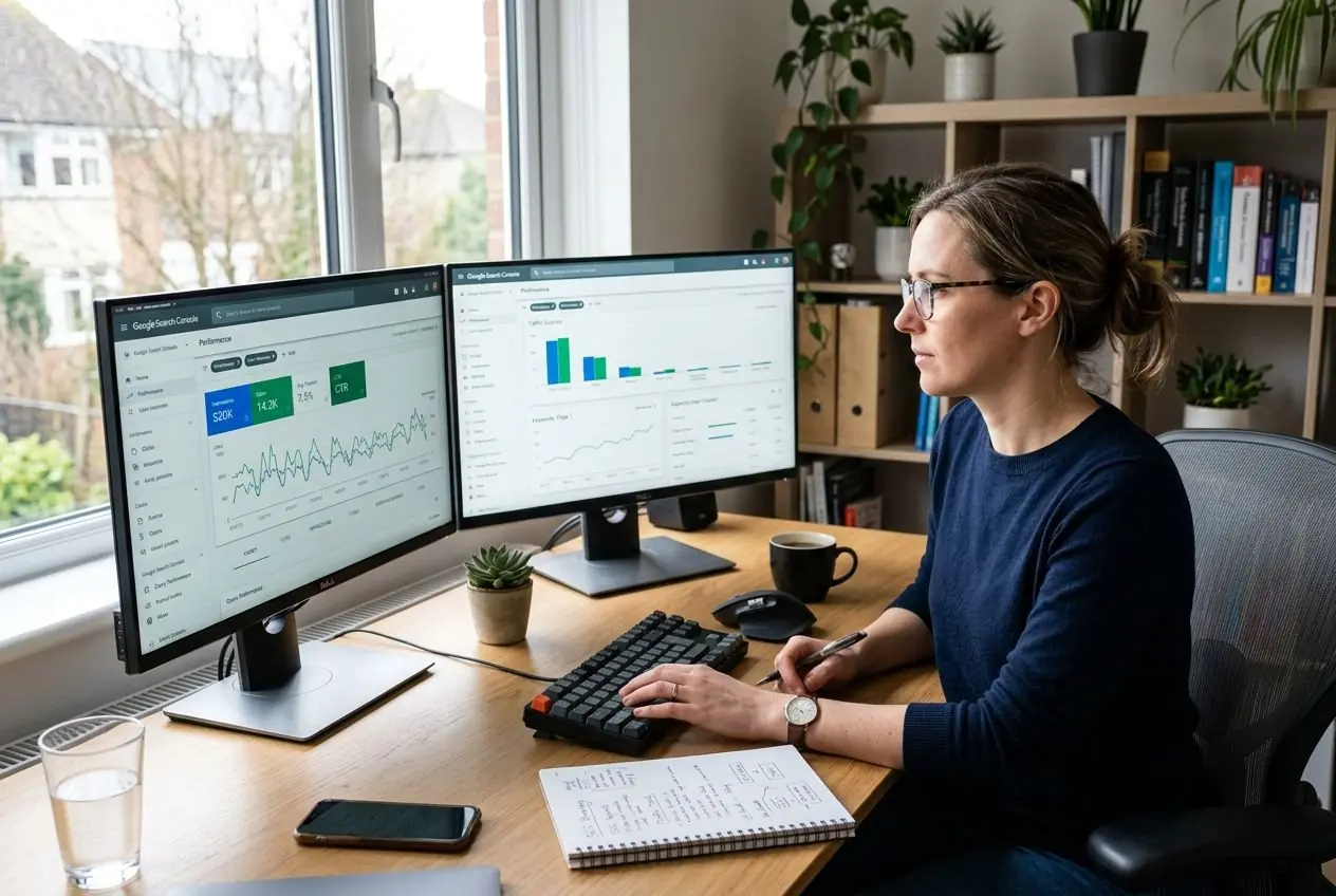 Professionnelle analysant des KPI SEO sur deux écrans reliés à des graphiques, en milieu de travail. les 4 piliers du seo à l’honneur.