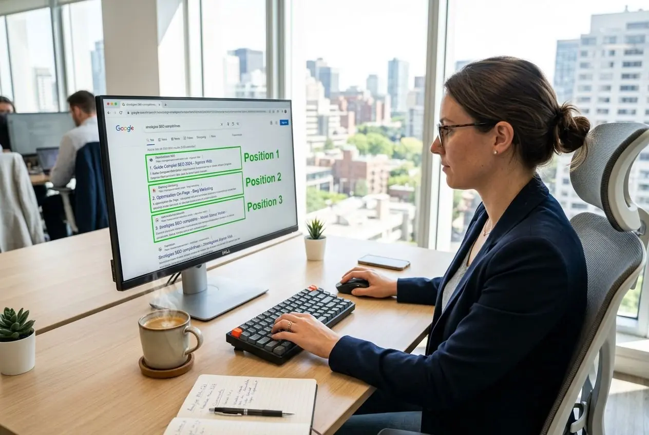 Une professionnelle en bureau lumineux consulte des résultats de recherche sur un écran, imagery illustrant le seo entreprise.