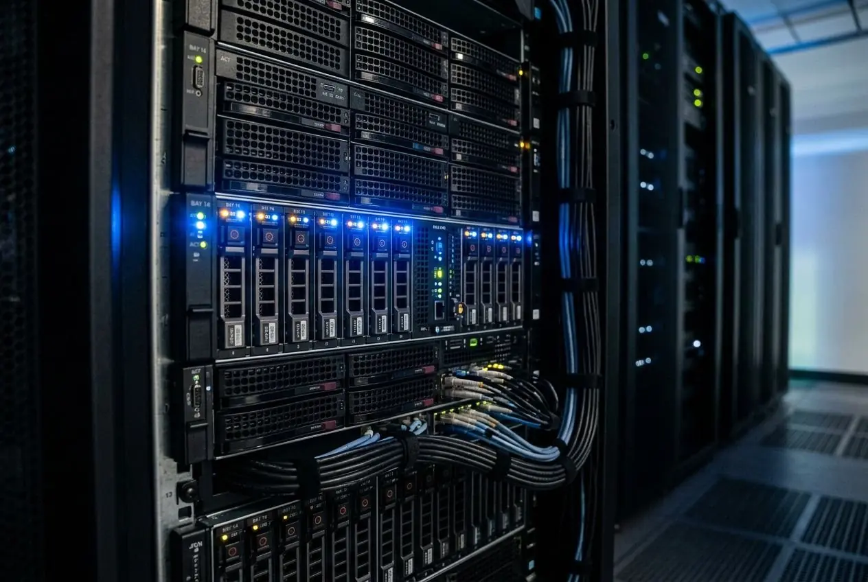 Racks de serveurs et câblage réseau dans un centre de données, évoquant l’optimisation boutique prestashop performance et infrastructure web.