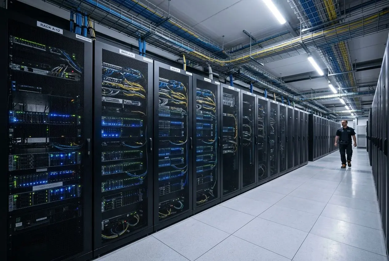 Serveur dédié Prestashop: racks de serveurs en data center avec câblage et éclairage bleu, homme se déplaçant entre les rangées.