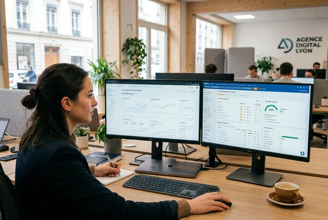 Salle ouverte avec une professionnelle devant deux écrans affichant des graphiques et données, ambiance de travail. Comment optimiser son e-commerce est illustré.