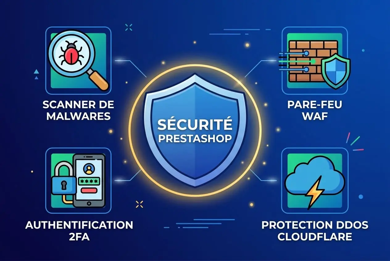 Sceau de sécurité PrestaShop au centre avec “Scanner de malwares”, “Pare-feu WAF”, “Authentification 2FA” et “Protection DDOS Cloudflare” autour. modules prestashop indispensables.